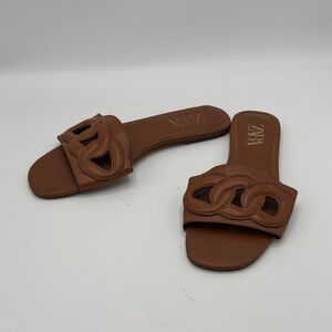 Zara Tan Braided Leather Strap Slide Sandals